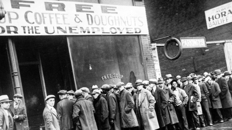 Featured | The Great Depression Unemployed men queued outside a soup kitchen | Survival Tips from the Great Depression