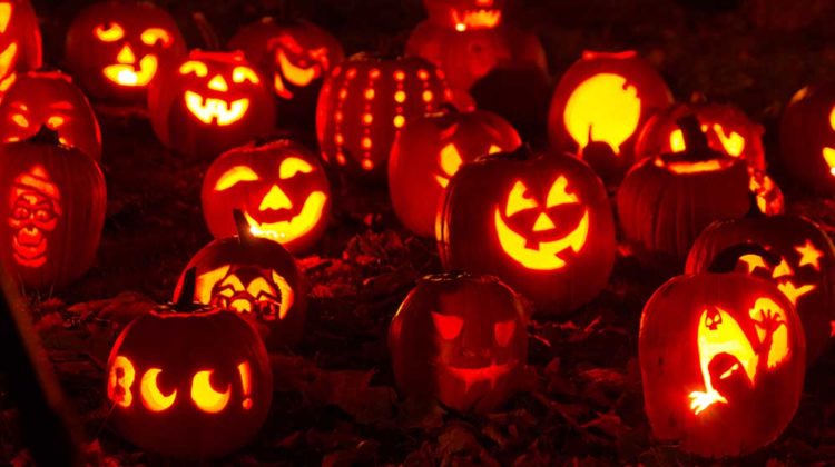 Group of candle lit Halloween pumpkins in park on fall evening | Amazing Jack-O-Lantern Carving Ideas for YOU and the KIDS | featured