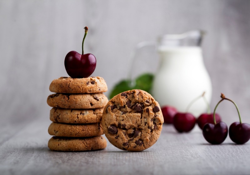 fiber cookies cherries jug milk sprig | homemade chocolate chip cookies recipe from scratch