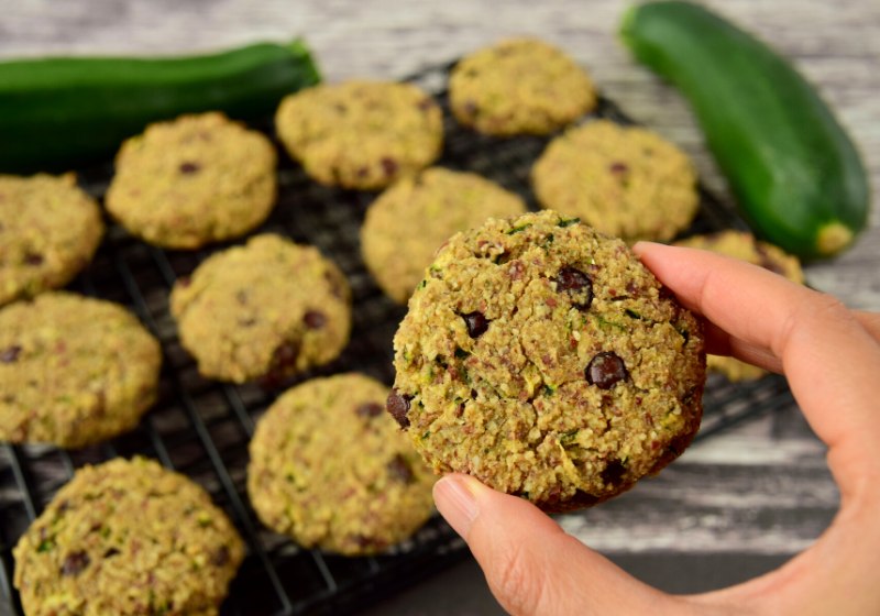 hand holding zucchini chocolate chip oat | easy homemade chocolate chip cookies