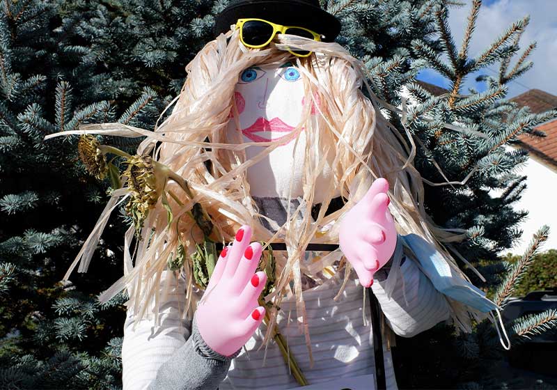 Scarecrow of Camilla the sunflower tourist with her wild quarantine coiffure | garden scarecrow ideas