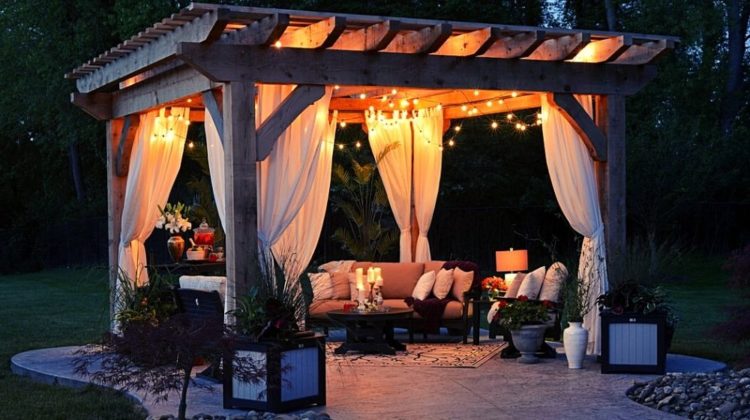 photo of gazebo with curtain and string lights | Beautiful Modern Pergola Designs For Your Homestead | Featured
