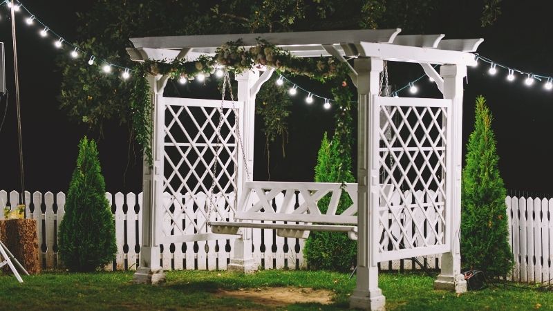 white wooden bench pergola beautifully decorated | Beautiful Modern Pergola Designs For Your Homestead