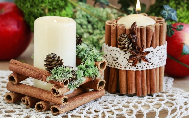 candle decorated with cinnamon sticks | fall decor