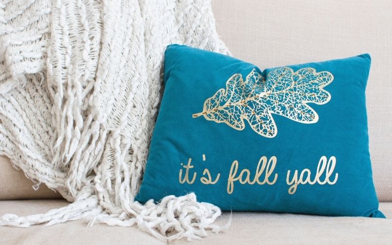 close front facing view blue fall greeting pillow | home decor