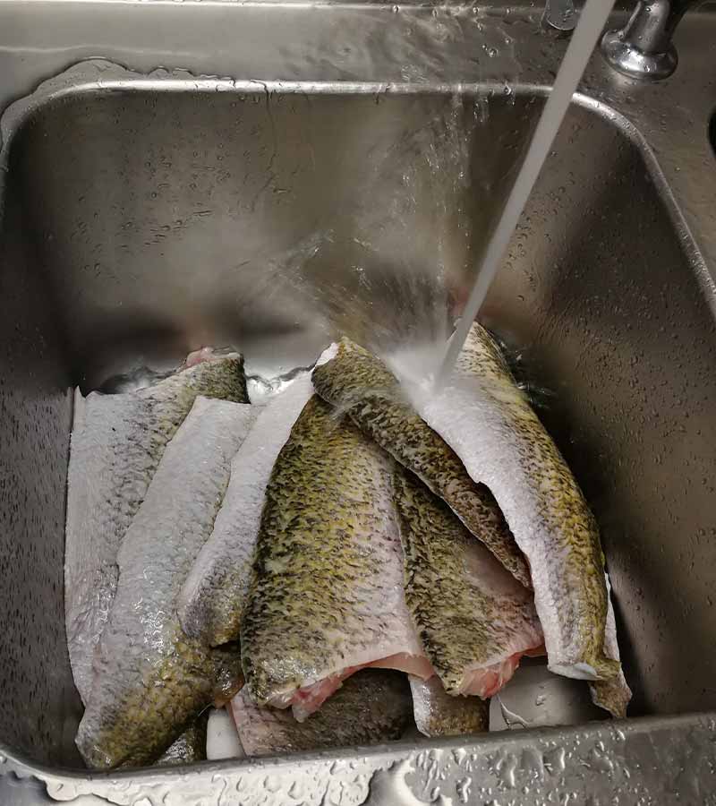 Frozen fish fillet thawing under running water in a large stainless steel sink | how to fillet a fish