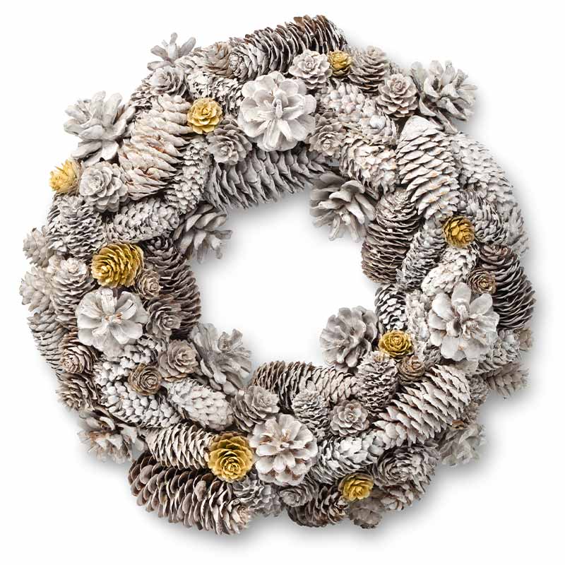 White Christmas door wreath decoration made of pine and fir cones | hobby lobby wreaths