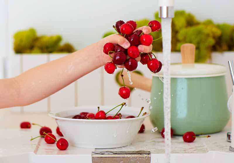 cute young boy washing the armful of sweet cherries under tap water in the kitchen | how to can cherries