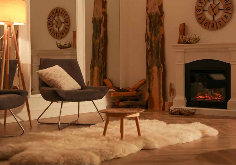 Beautiful view of cozy living room interior with fireplace | winter hacks for home