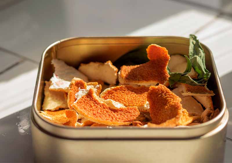 Dry orange peels in a container | 