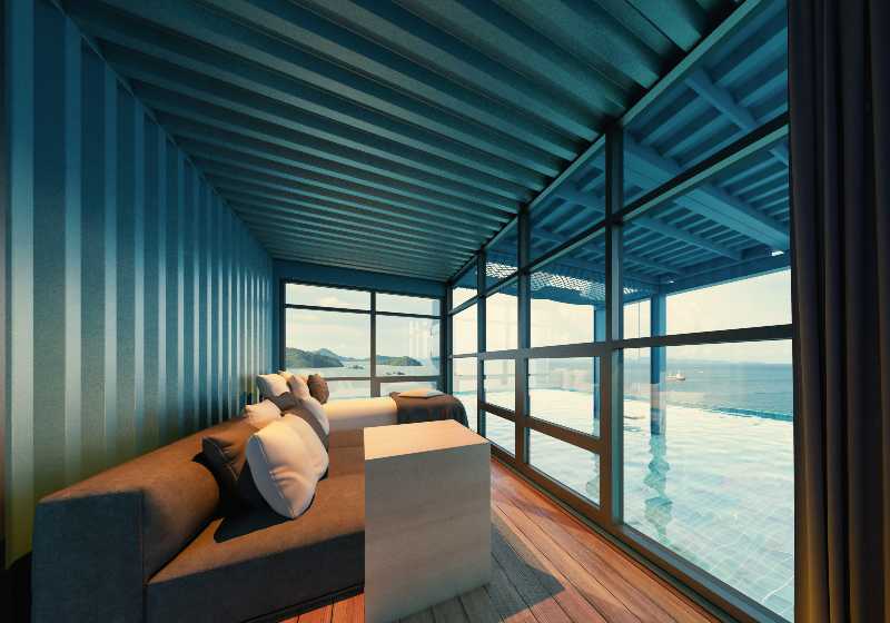 Concept Container house by the sea in blue with beautiful pool | Modified Sea Container Home