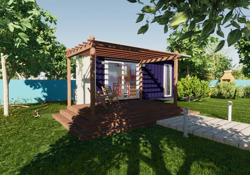 Front view of a twenty feet shipping container tiny house | Tiny Scale Shipping Container House