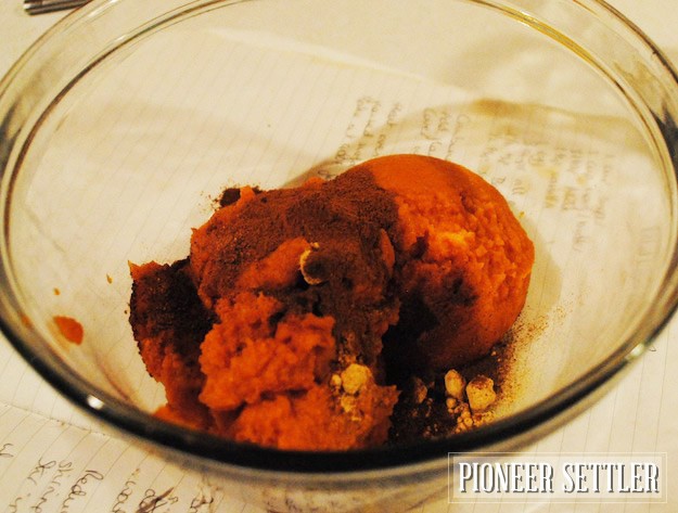 Mixing Caramel Pumpkin Pie Ingredients