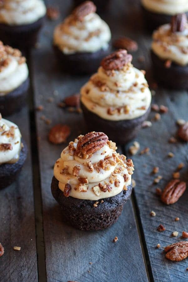 Chocolate Bourbon Pecan Pie Cupcakes with Butter Pecan Frosting | Thanksgiving Dessert Recipes | Decadent Cakes, Pies, And Pastries