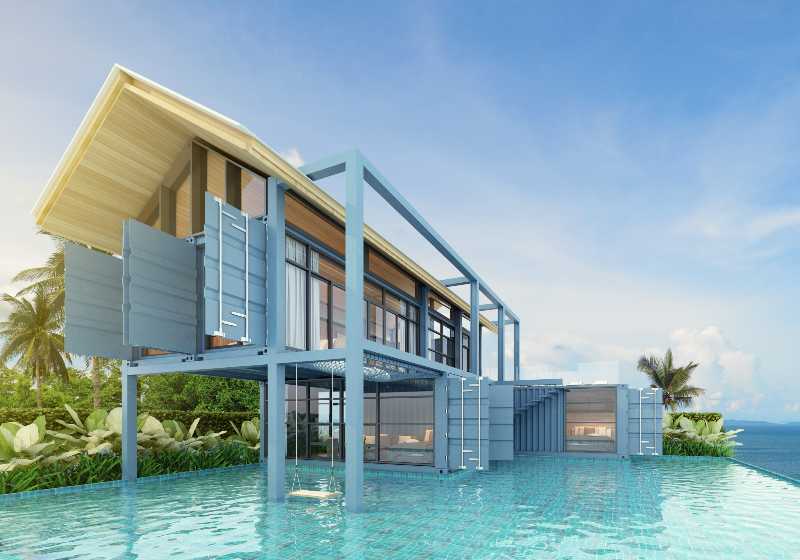 Concept Container house by the sea in blue with beautiful pool | Elegant Modern Container Home
