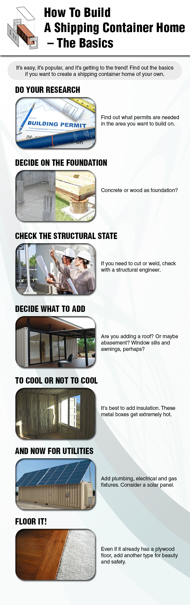 How to Build a Container Home Ingographic | Also See 12 Cool Container Homes via https://homesteading.com