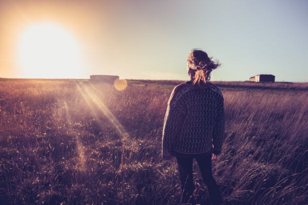 Looking Over Field Of Hay At Sunset