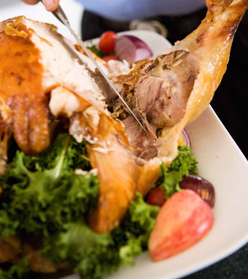 Man Slicing Off Roast Turkey Leg | make ahead turkey