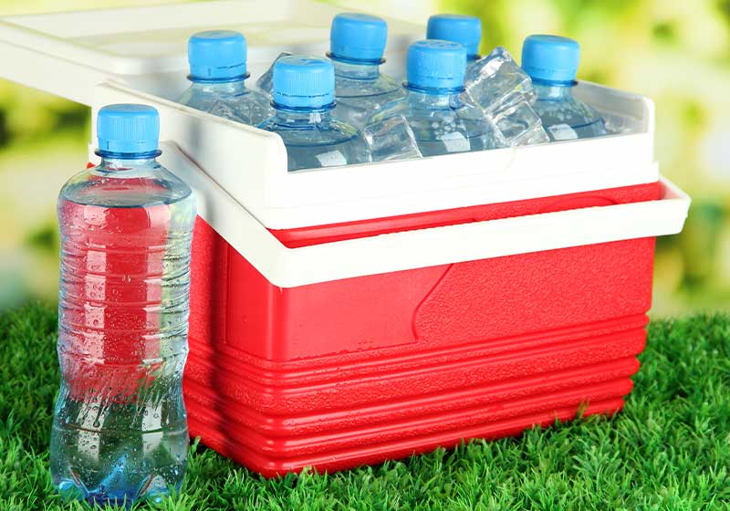 Picnic refrigerator with bottles of water and ice cubes on grass | car kit