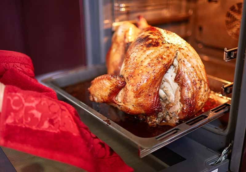 Woman taking turkey out of oven on a kitchen background | cooking a turkey
