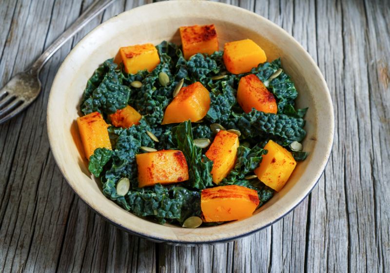 bowl chopped kale butternut squash salad | plant based diet plan