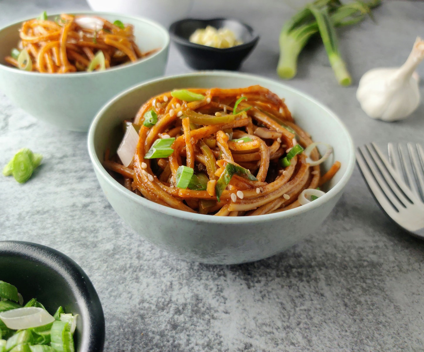 Veggie Pasta sliced vegetables in white ceramic bowl