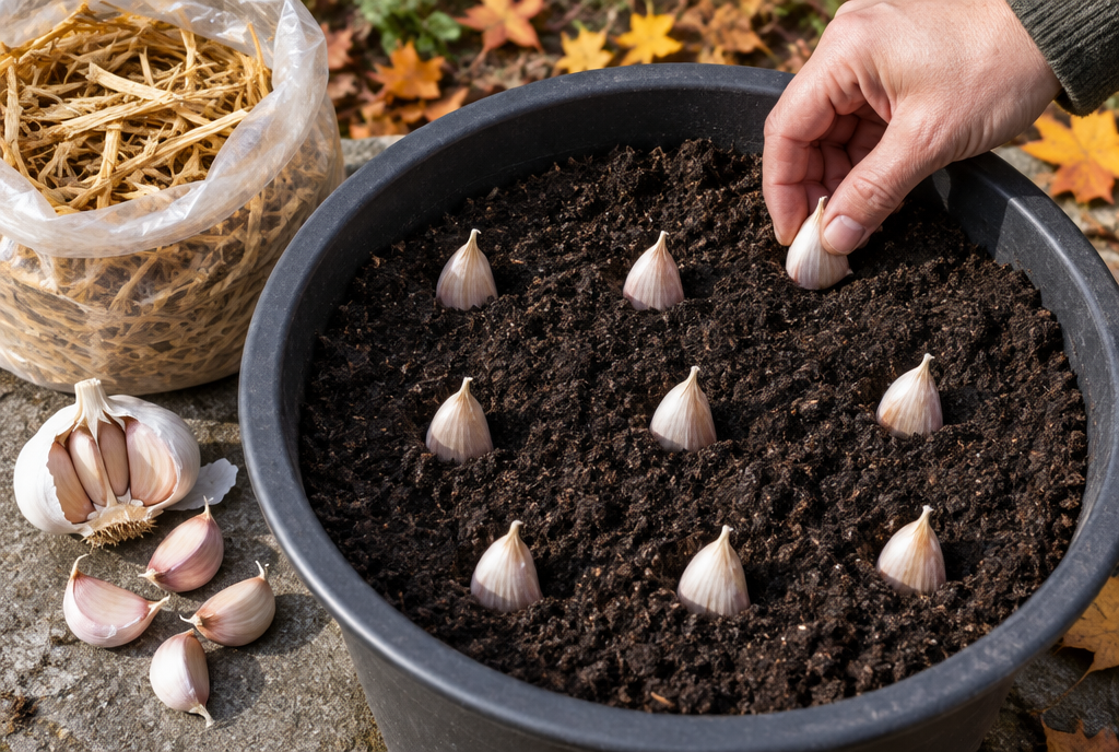 Garlic cloves planted pointed end up in a wide pot