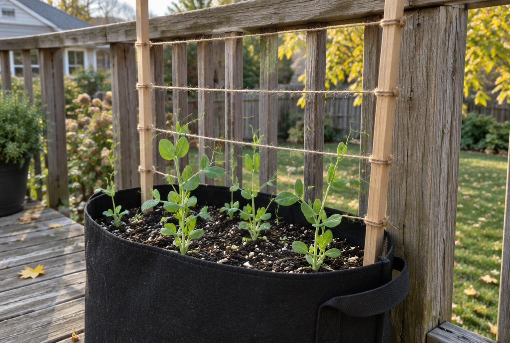 Snow pea seedlings climbing a string trellis beside a grow bag
