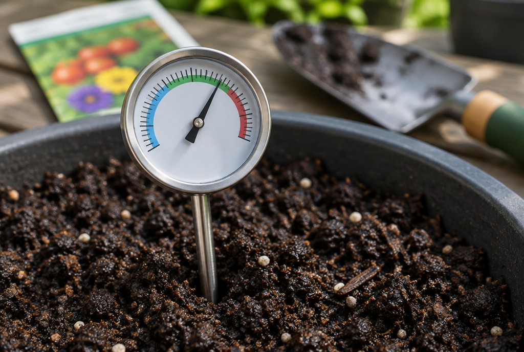 Soil thermometer probe pushed into moist potting soil in a container