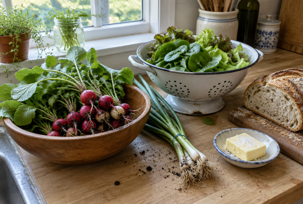 Fall harvest from vegetables to plant in September: radishes, scallions, and baby greens on a kitchen counter