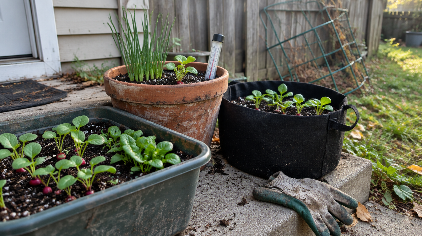 Pots of radish, spinach, and scallion seedlings on a back porch step in late September