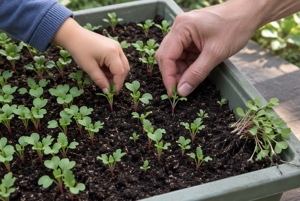 Child and adult hands thinning radish seedlings in a planter