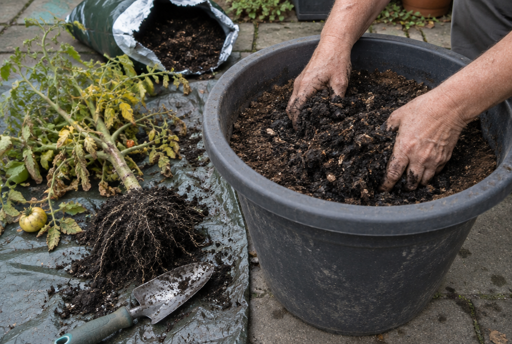 Hands mixing compost into old potting soil beside a pulled tomato plant