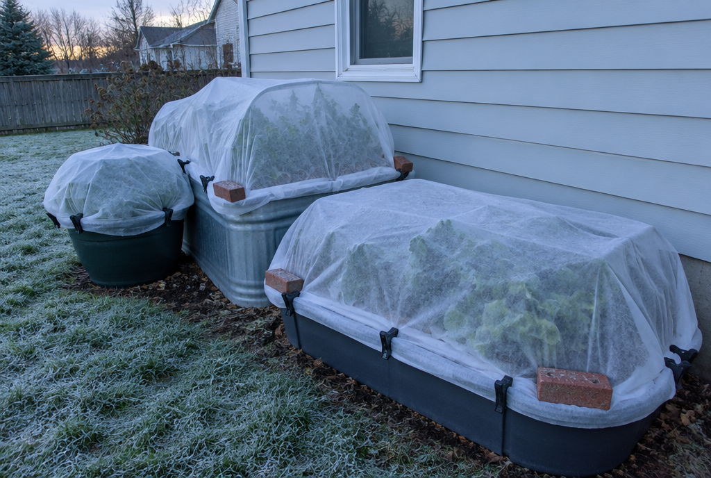 Containers under white row cover against a house wall on a frosty morning