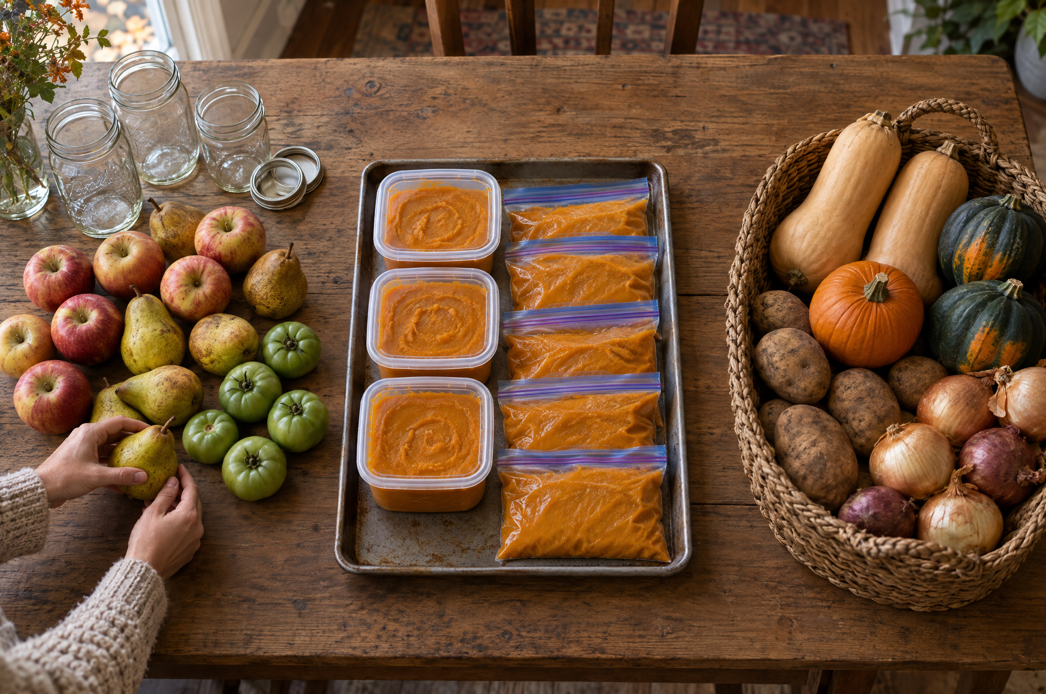 Fall harvest sorted on a kitchen table into three groups: apples and pears for canning, pumpkin puree for the freezer, and whole squash and potatoes for storage