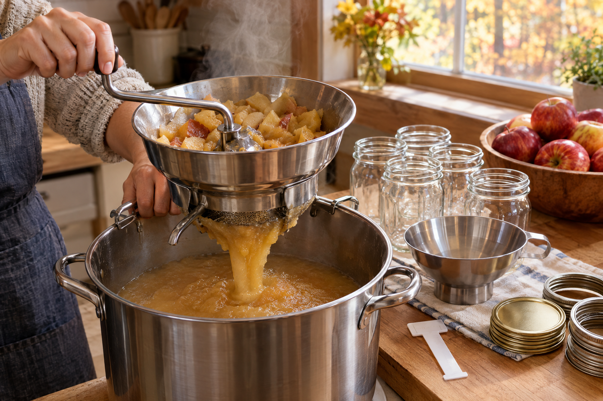 Hands turning a food mill over a pot of applesauce, with canning jars, a funnel, a headspace tool, and new lids on the counter