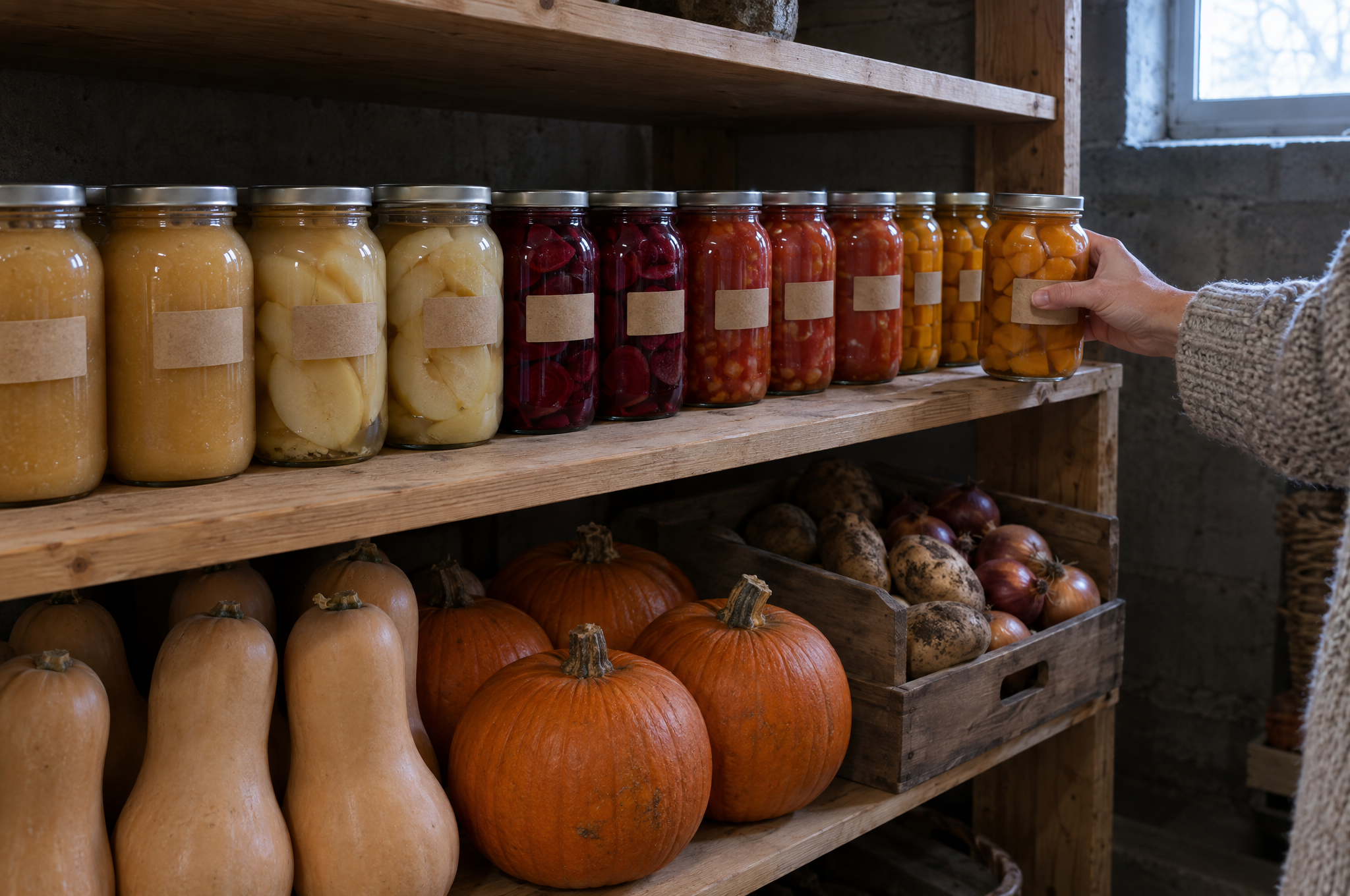 Pantry shelf of home-canned applesauce, pears, pickled beets, tomatoes, and pumpkin cubes stored without bands, with whole squash and potatoes below