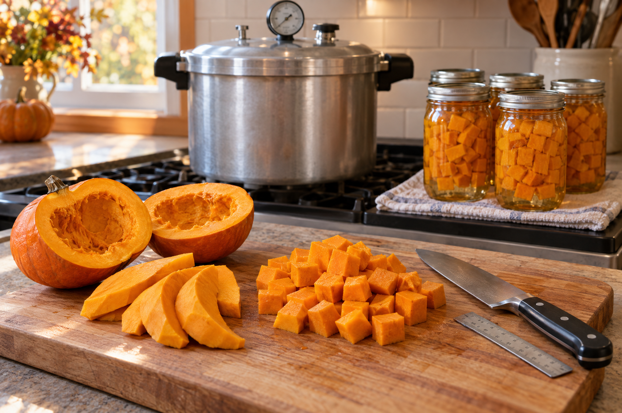 Pie pumpkin cut into even 1-inch cubes on a cutting board with a pressure canner and filled jars in the background