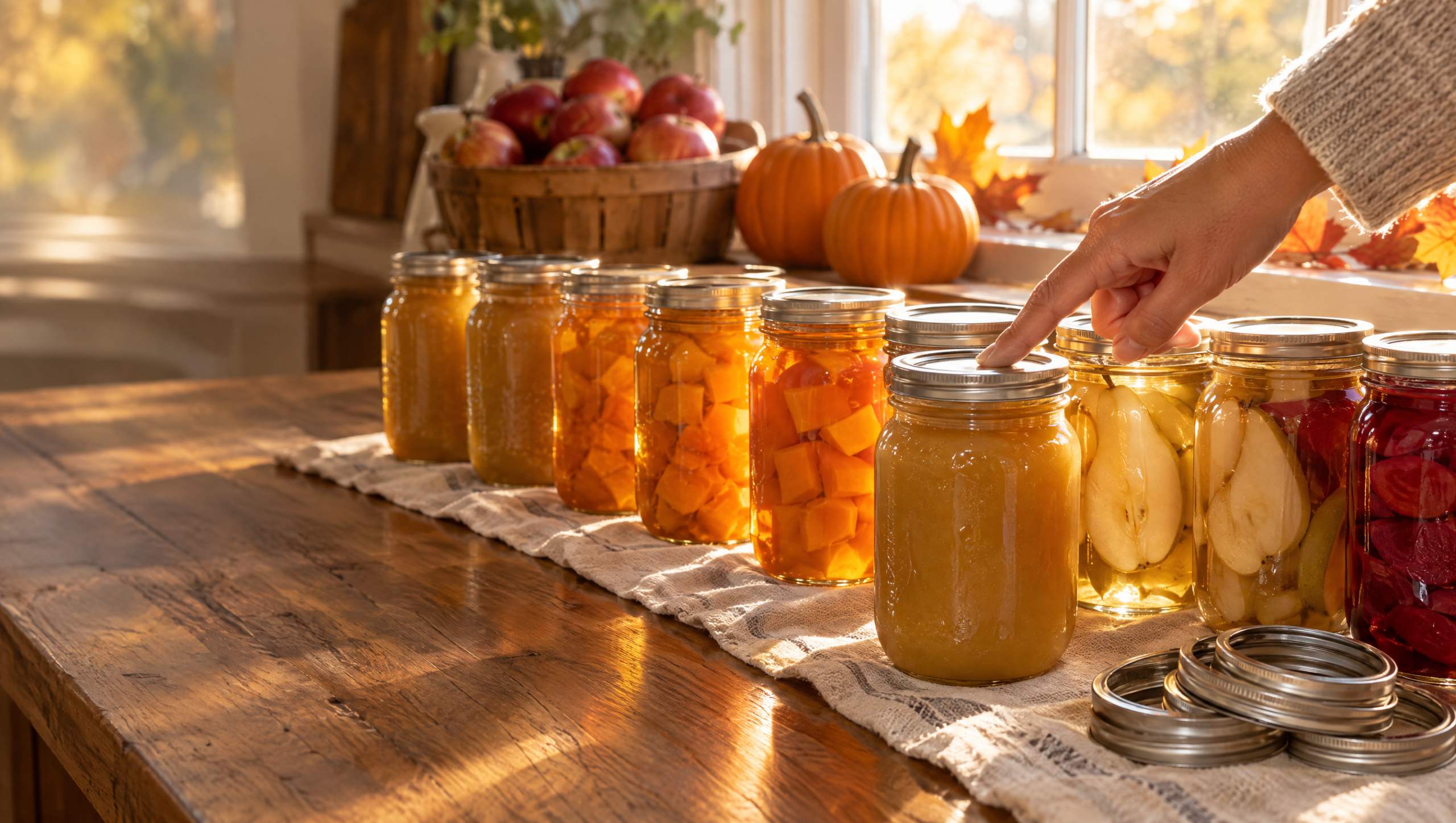 Canning fall harvest: hand pressing the lid of a freshly sealed jar in a sunlit row of applesauce, pumpkin cubes, pears, and pickled beets