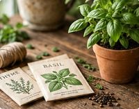 Basil and thyme seed packets beside a potted basil plant on a wooden table