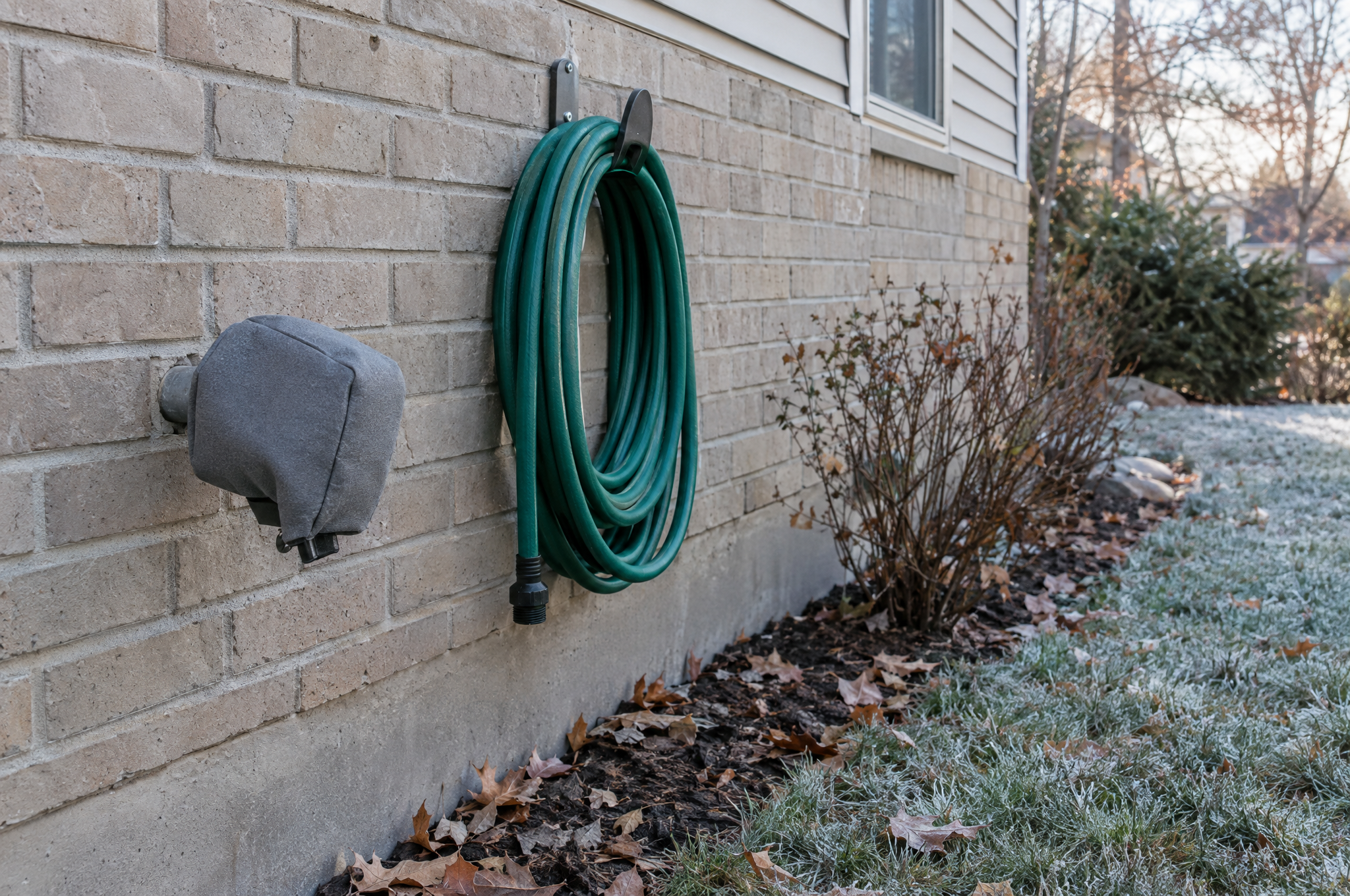 Winterizing your home: outdoor spigot with an insulated faucet cover and a drained garden hose coiled on a hook beside it