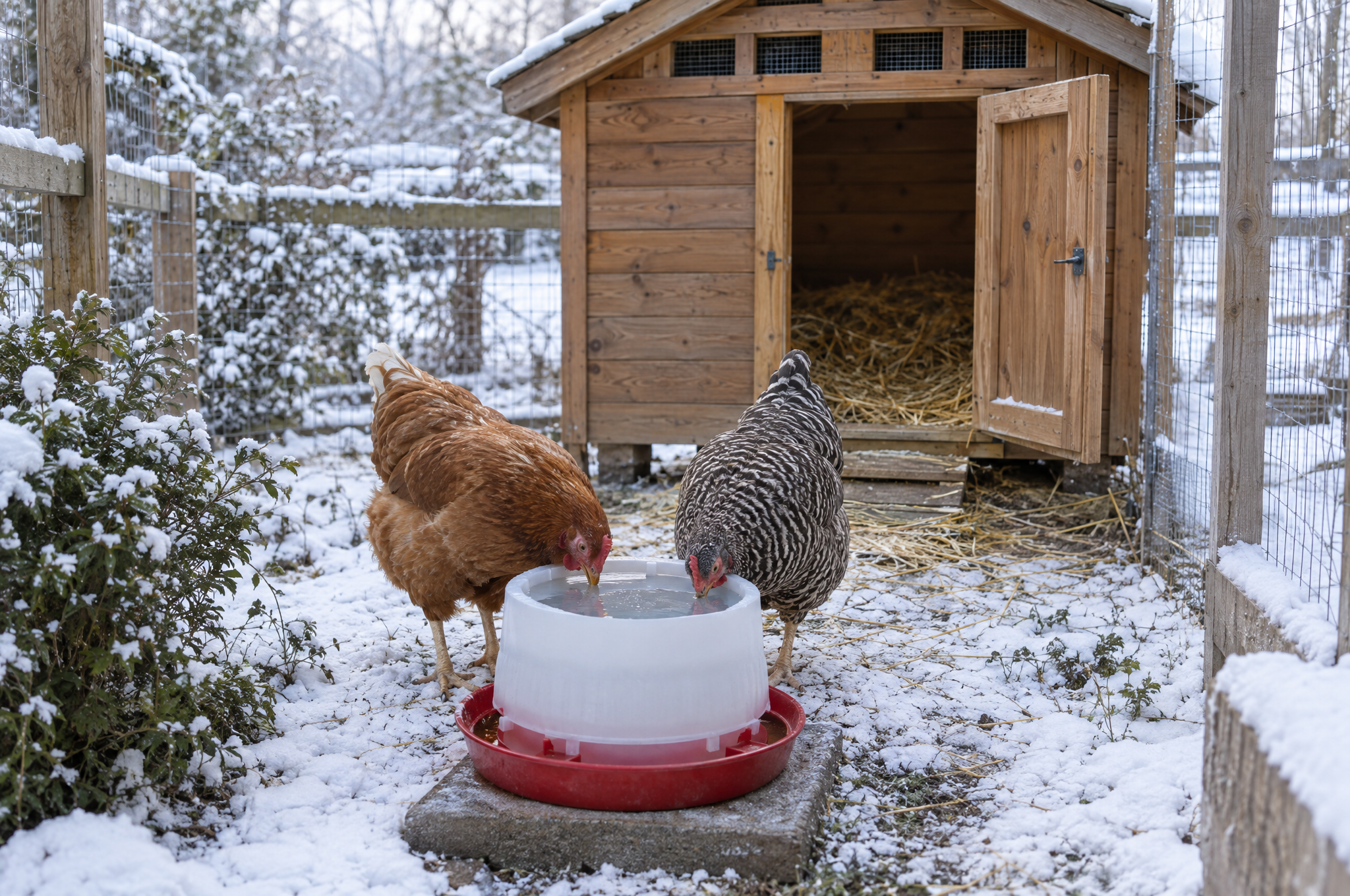 Two hens drinking from a heated poultry waterer in a snowy run beside a dry, vented coop with no heat lamp