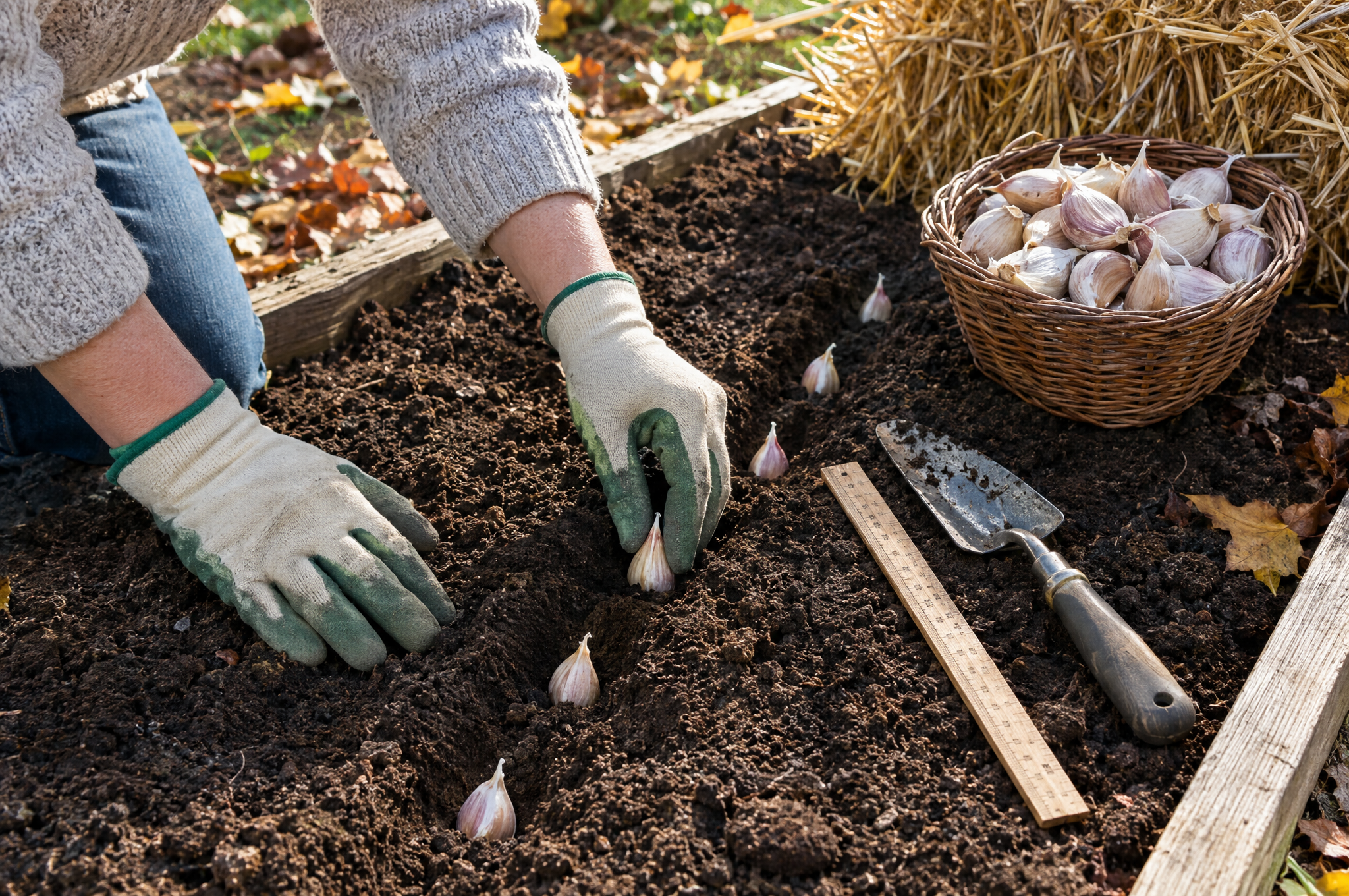 Gloved hands planting garlic cloves pointed end up about six inches apart in a raised bed, with straw ready for mulch