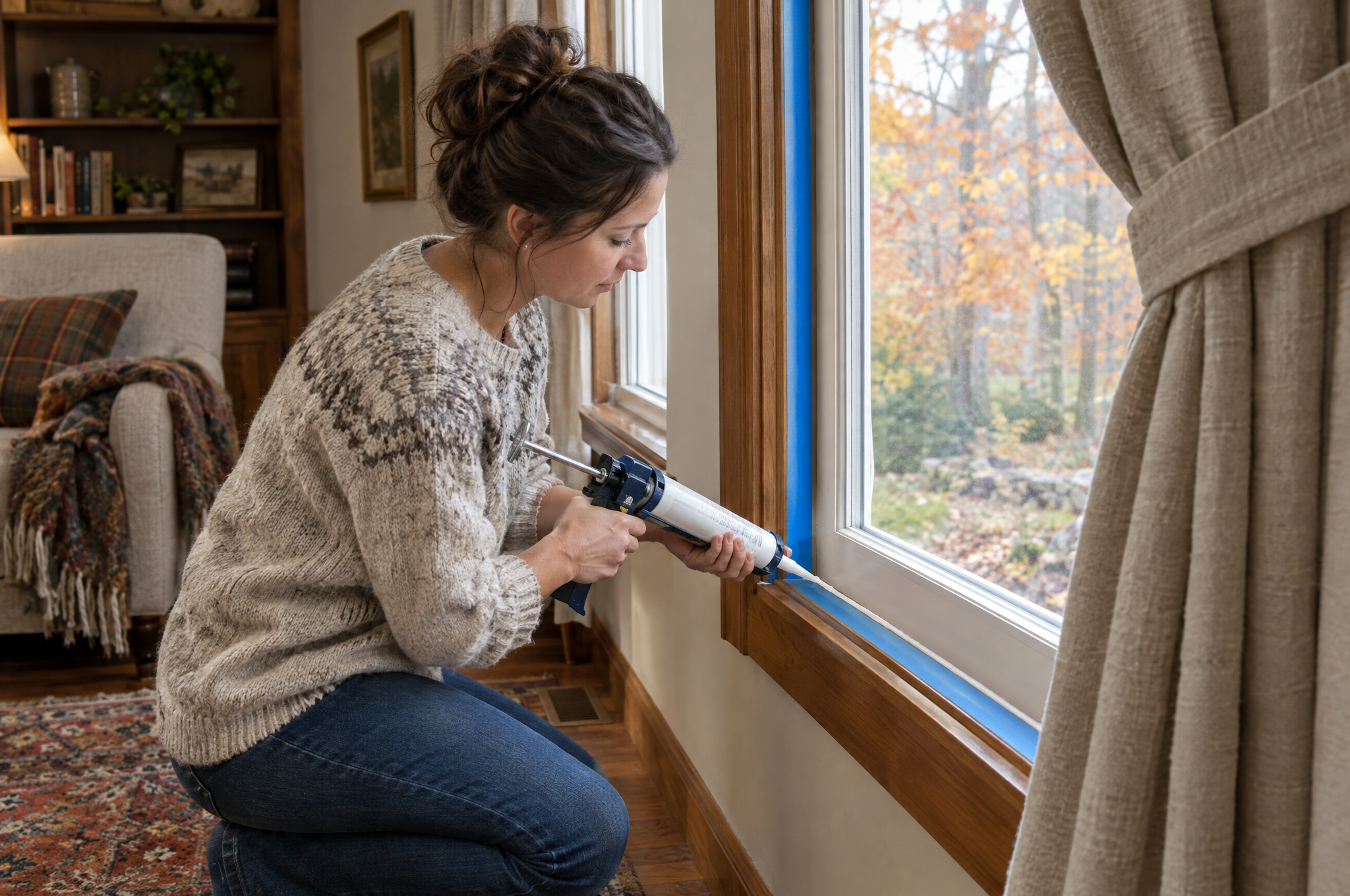 Woman caulking window trim with a caulk gun beside heavy lined curtains and a wool rug in a cozy room