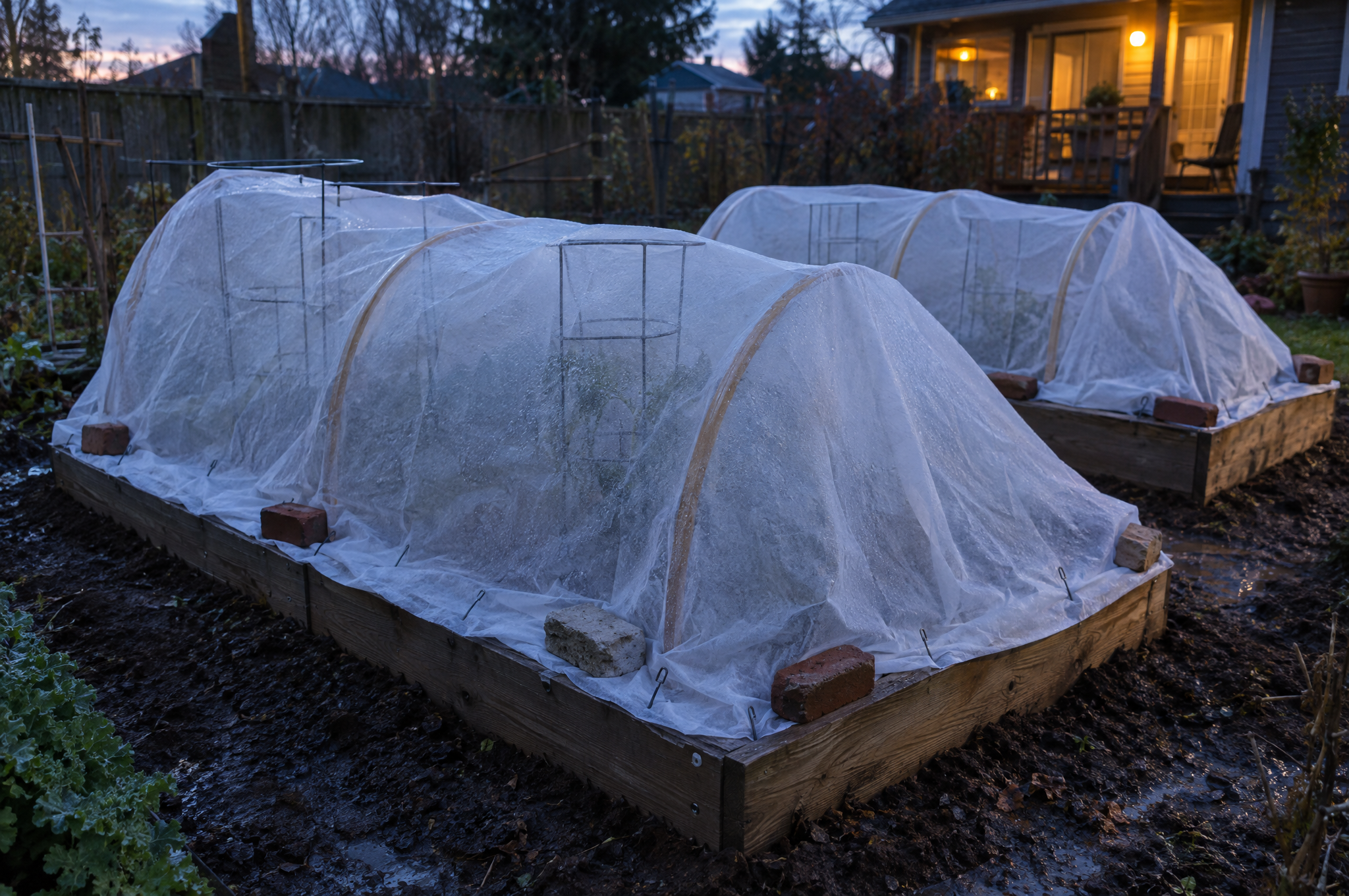 Raised garden beds covered with frost cloth that reaches the soil, held with landscape staples and lifted off the plants on hoops