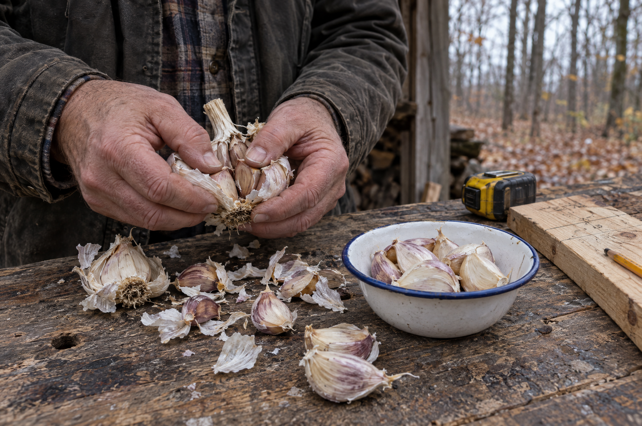 Hands breaking a hardneck garlic bulb into cloves on an old wooden workbench, biggest cloves sorted into a bowl