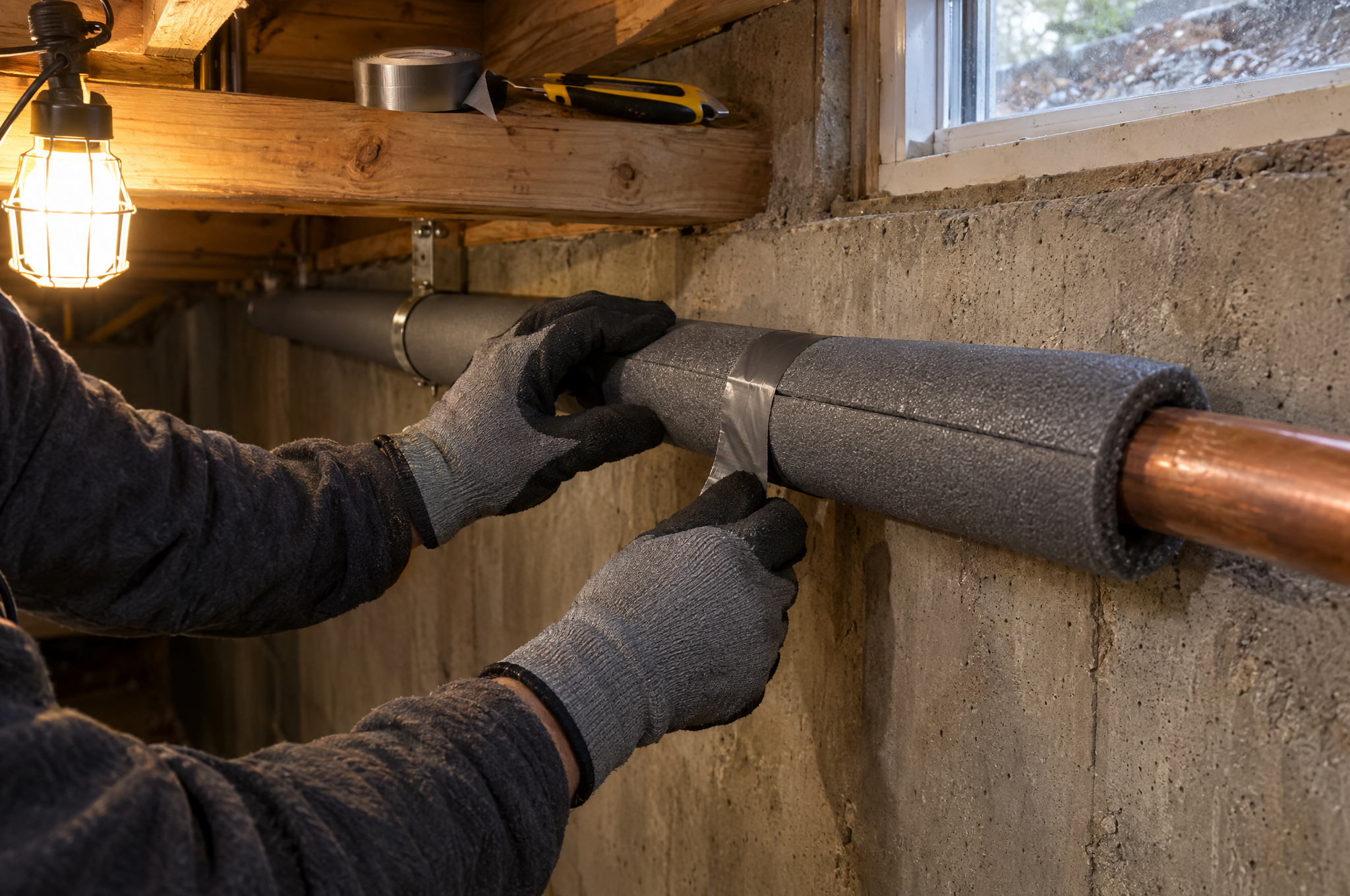 Gloved hand fitting a foam insulation sleeve onto a copper water pipe near a basement foundation wall