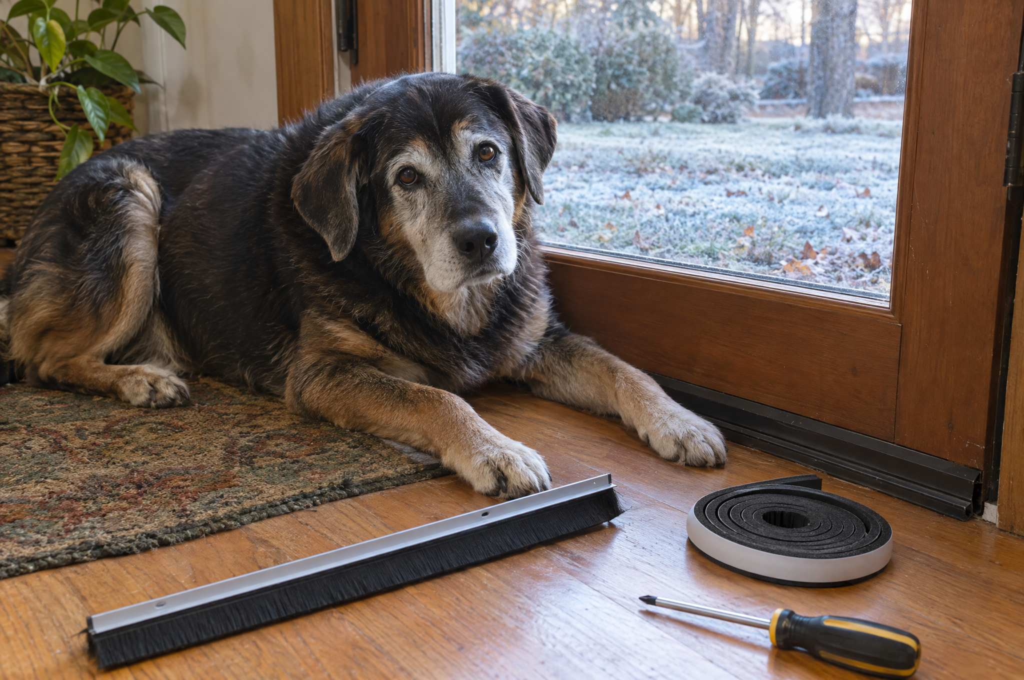 Older gray-muzzled dog lying across a back door threshold beside a new door sweep and roll of foam weatherstripping
