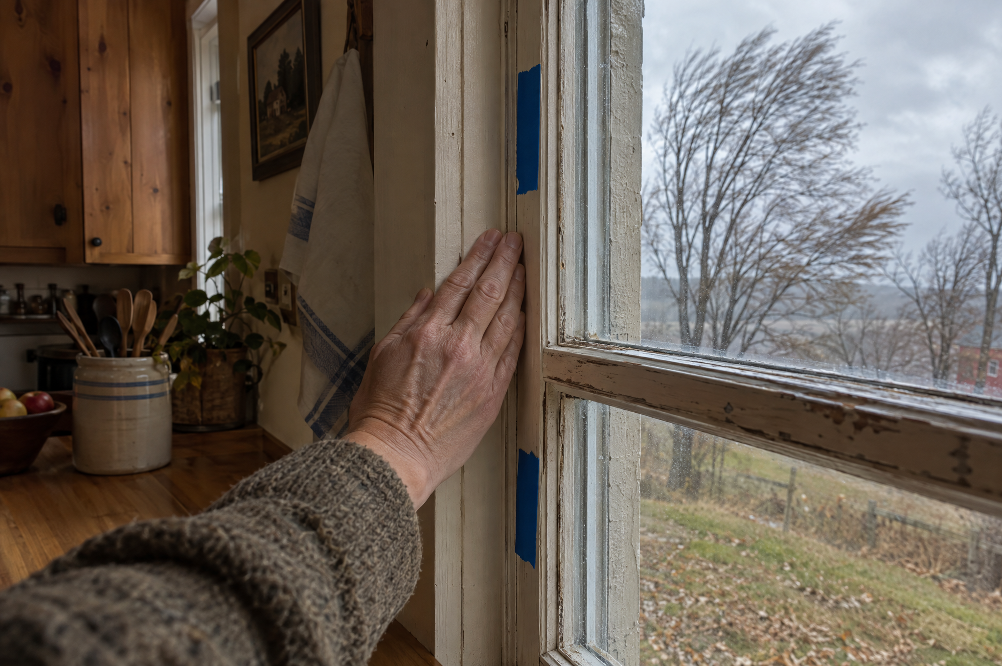 Back of a hand held near an old wooden window frame to feel for a draft, with painter's tape marking leaky spots