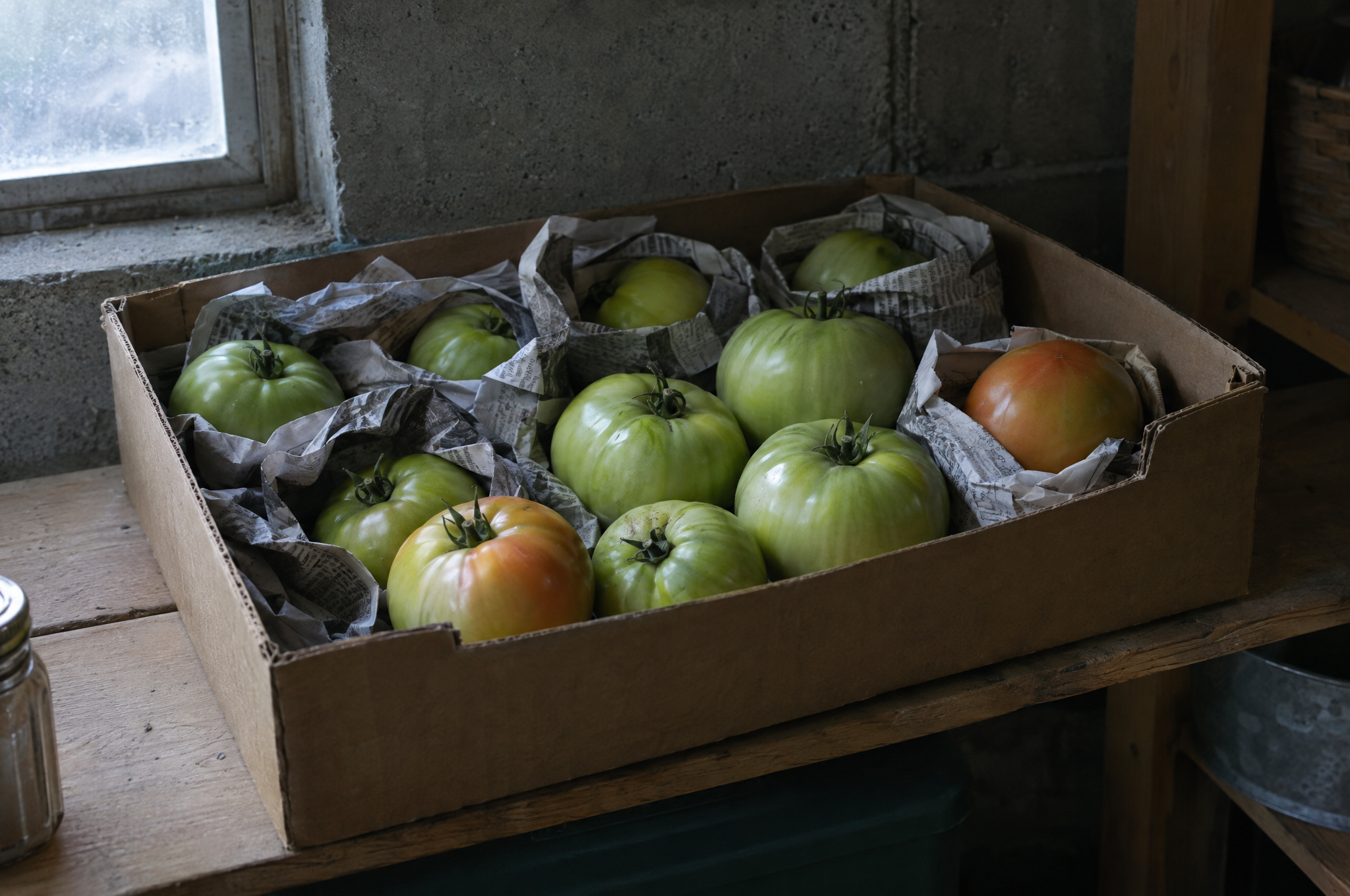 Full-size green tomatoes wrapped in newspaper in a cardboard box on a cool basement shelf, two starting to turn orange
